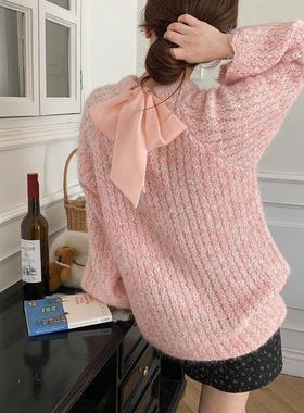 3th Morning 两穿设计感 蝴蝶结系带圆领宽松亮片毛衣ZY3784