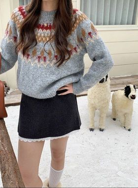 3th Morning 节日奏曲 复古费尔岛提花圆领毛衣针织衫ZY3666