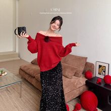 UNANA新品F6676十三行U+MINI加厚30%兔毛10%羊毛毛球一字肩毛衣女