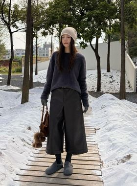 ICC 摩登复古高级感复合绒休闲七分皮裤百搭阔腿裤女十三行1527