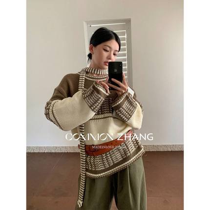 CZ ZHANG秋冬费尔岛撞色提花毛衣女慵懒风宽松休闲针织衫 B45210