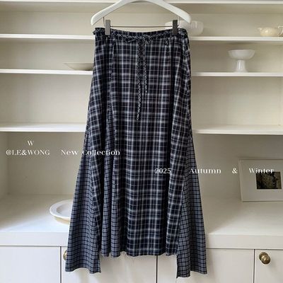 W家日杂文艺穿搭高腰格子半身裙女秋新款设计感气质显瘦a字中长裙