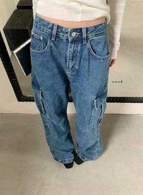 誉一新款2025秋季美式高街工装牛仔裤女bf风宽松口袋直筒裤c3096