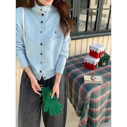 3th Morning 软糯舒适调 韩版半高领刺绣毛衣针织开衫ZY3754