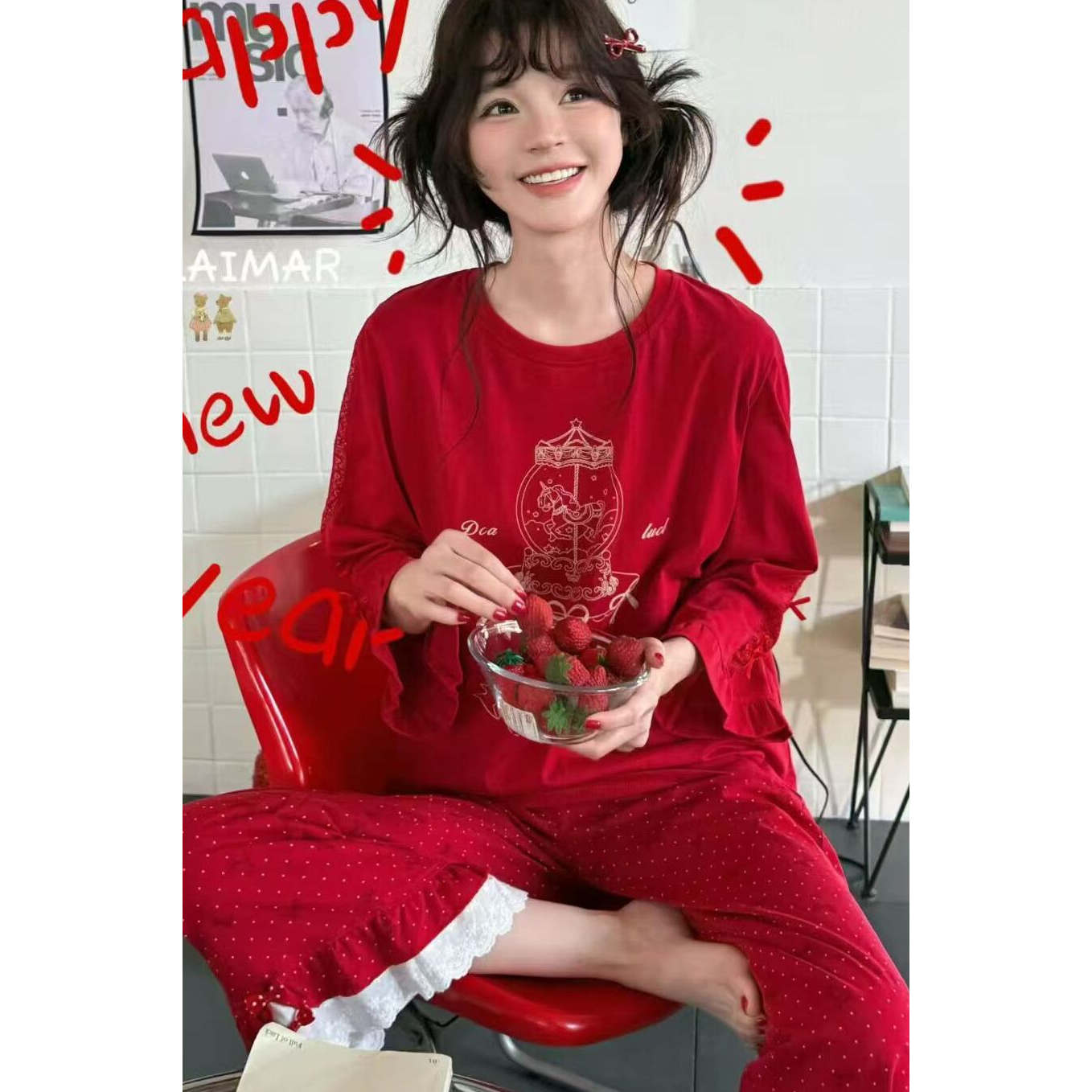 小熊家甜美花边少女红色睡衣套装