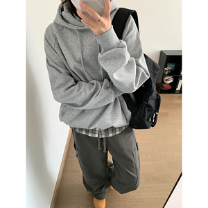 春秋新款韩版宽松慵懒风纯色连帽卫衣w5111p85图片