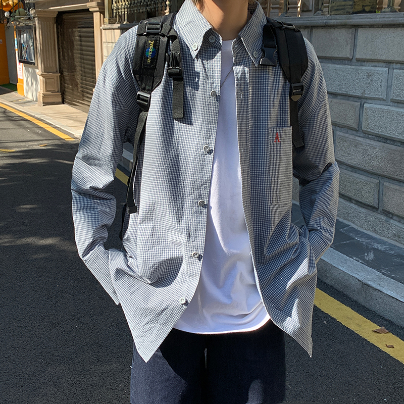 Japanese Hong Kong Style loose Long Sleeve Plaid Shirt college style versatile shirt man