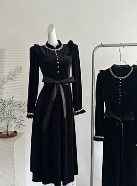 一生罗曼金色宫殿法式连衣裙女长裙黑色复古2025新款秋季长袖裙子