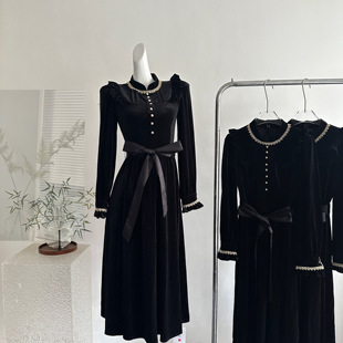 一生罗曼金色宫殿法式连衣裙女长裙黑色复古2025新款秋季长袖裙子