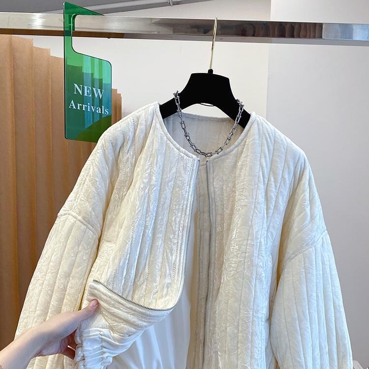 高级感无领丝绒棉服女款2025新款冬季宽松加厚圆领超好看夹棉外套