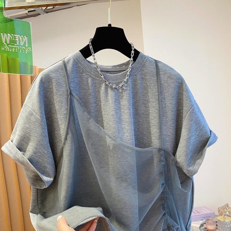 灰色独特别致假两件t恤女短袖2026新款欧货宽松设计感小众上衣夏