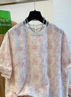 KARA批发丨欧货蓝色高级感蕾丝衫女短袖上衣宽松刺绣罩衫洋气小衫