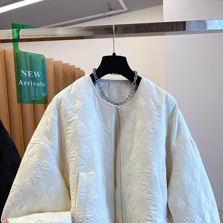 韩国绗缝菱格夹棉外套女秋冬2025新款宽松无领棒球服洋气轻薄棉服