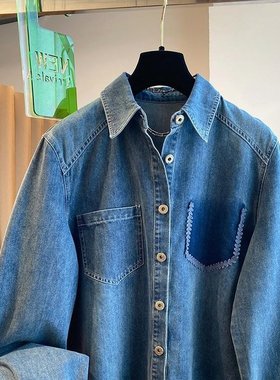 KARA批发/韩系复古蓝色牛仔衬衫女长袖2025宽松减龄漂亮衬衣外套