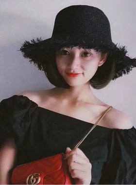 女渔夫帽波浪边毛边盆帽夏季大头围黑色碎边百搭日系韩版潮遮阳帽