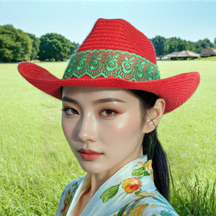 2024新款 女士洋气礼帽夏季 民族风帽子红色百搭沙滩防晒遮阳蕾丝带