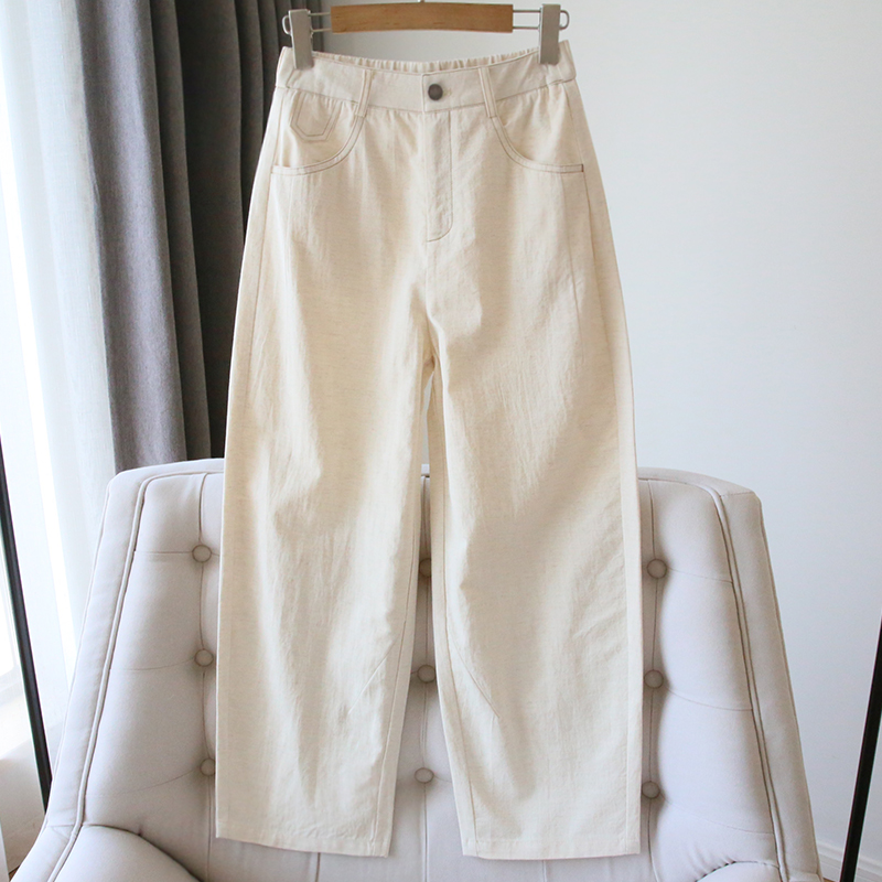 原色亞麻西裝褲高腰直筒九分哈倫