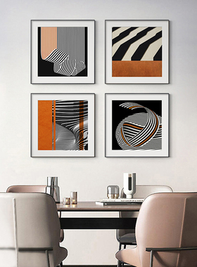 现代简约饭厅正方形装饰画橙色轻奢抽象线条挂画极简客厅背景壁画