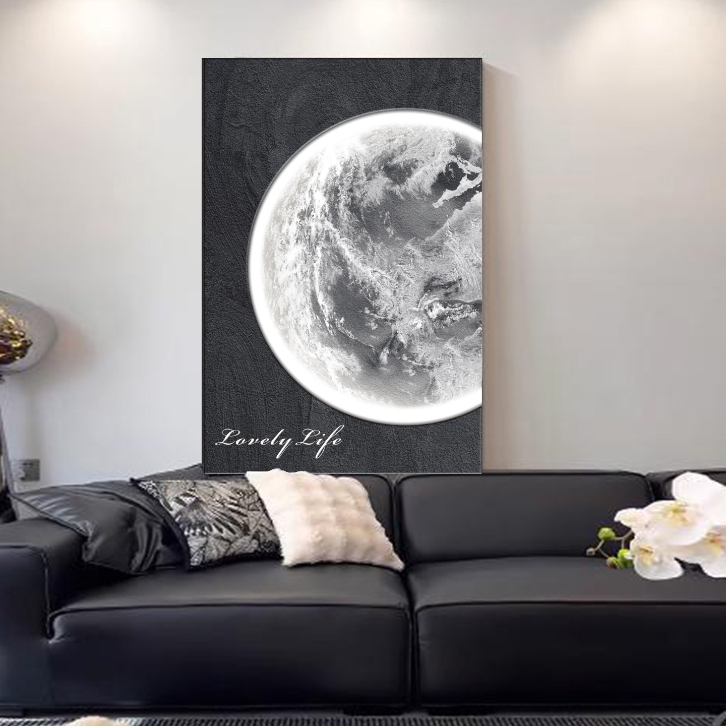 砂岩黑白简约月球客厅装饰画沙发背景墙挂画高级落地玄关走廊壁画