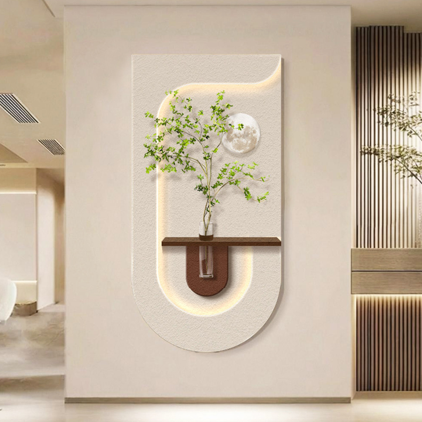 奶油风立体砂岩玄关挂画水培绿植图片