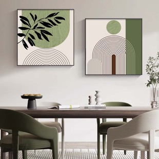 北欧莫兰迪绿色餐厅装饰画奶油风饭厅壁画玄关客厅绿植正方形挂画