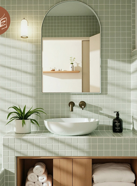 清新抹茶柔光绿色小方马赛克瓷砖酒店卫生间厨房阳台吧台背景墙砖