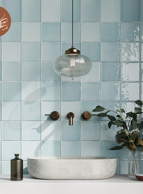 渐变蓝色小方砖手工砖卫生间厨房墙砖复古浴室阳台奶茶餐饮吧台砖