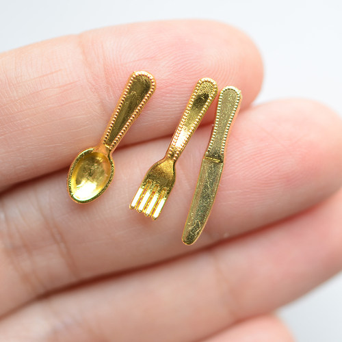 LF52 迷你金色卡哇伊叉子勺子刀子  BJD娃娃袖珍餐具配件材料 1套
