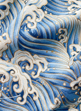 LB28 蓝色金纹波浪 和风布 DIY娃衣服布料面料布头 50*55cm一块