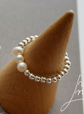 de02天然淡水珍珠银珠戒指环尾戒