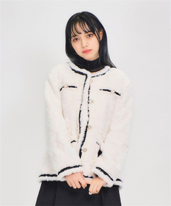 23秋冬新款孤品 复古少女小香风甜美丝带蝴蝶结圆领柔软毛毛外套