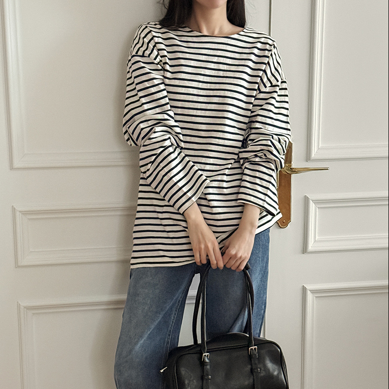 韩国代购大码女装2026靓丽冬装新款圆领纯棉宽松条纹长袖舒适T恤,女装/女士精品,T恤,淘宝优惠券,粉丝福利购,淘宝优惠卷