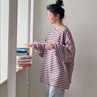韩国代购大码女装2026靓丽冬装新款圆领宽松时尚条纹拉绒长袖T恤