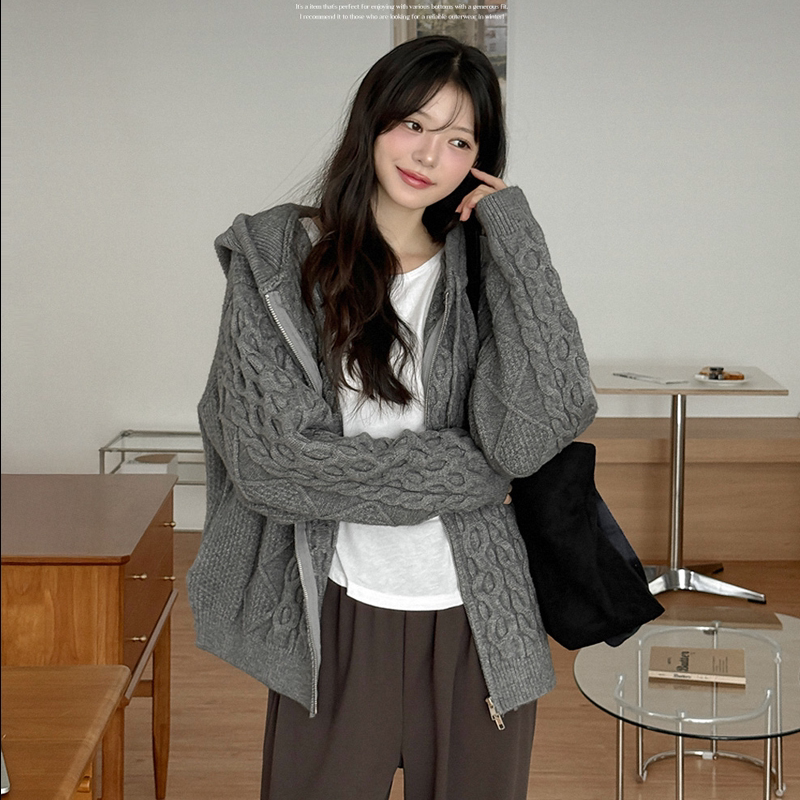 韩国代购大码女装2025靓丽冬装新款连帽拉链显瘦菱形格子针织外套