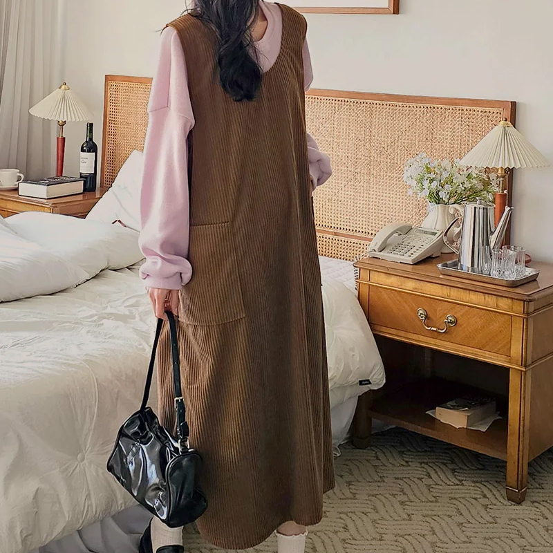 韩国代购大码女装2026靓丽冬装新款V领宽松显瘦条绒背心连衣裙,女装/女士精品,大码连衣裙,淘宝优惠券,粉丝福利购,淘宝优惠卷