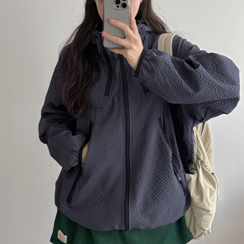 韩国代购大码女装2026靓丽春装新款连帽拉链时尚格子薄外套特87