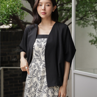 韩国代购大码女装2026靓丽夏装新款无领宽松短款后压褶车衬衫外套
