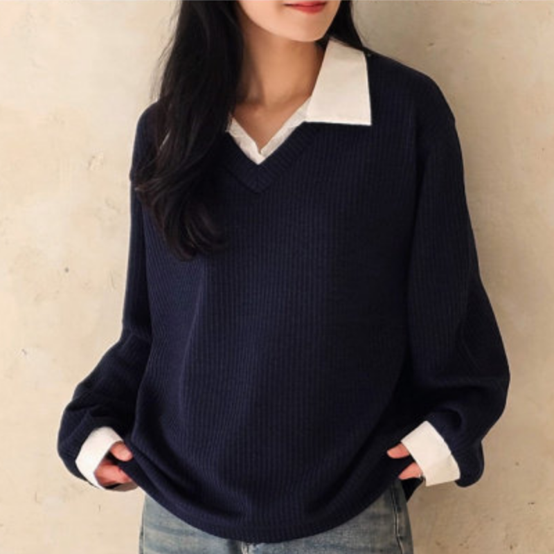 韩国代购大码女装2026靓丽冬装新款翻领配色宽松套头假两件T恤特,女装/女士精品,T恤,淘宝优惠券,粉丝福利购,淘宝优惠卷