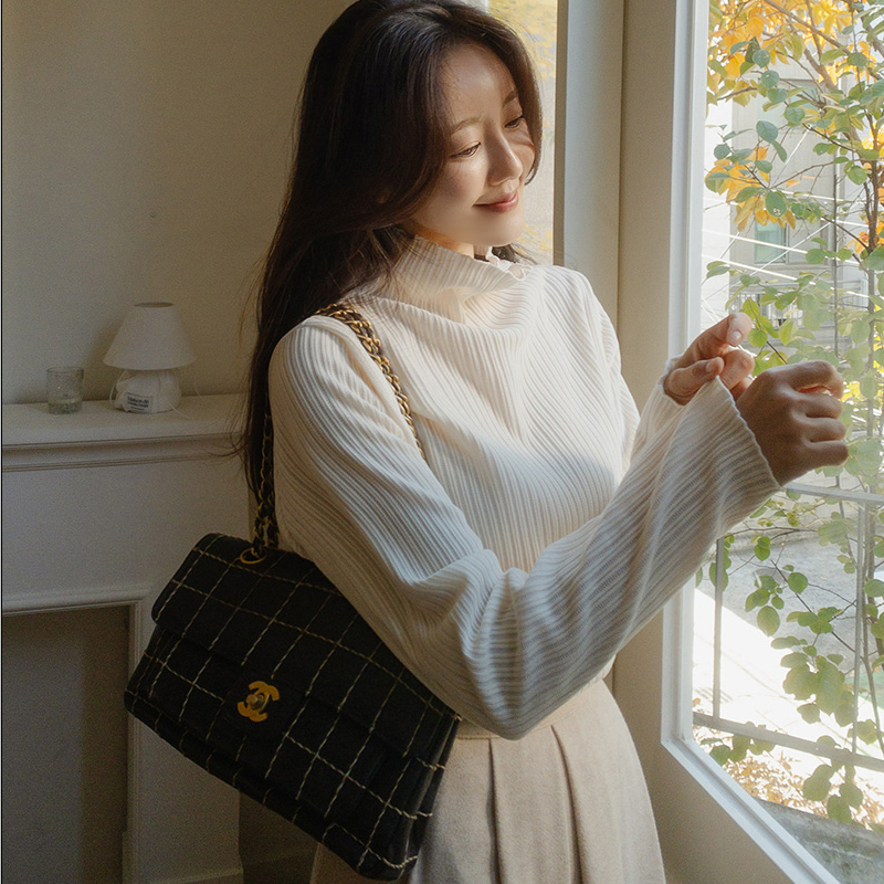 韩国代购大码女装2025靓丽冬装新款半高领显瘦条纹淑女长袖T恤特