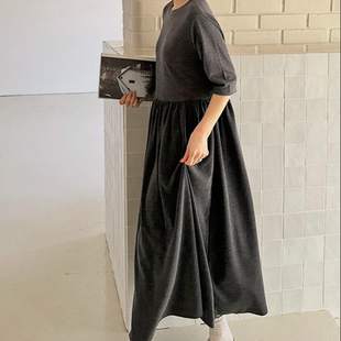 2026靓丽早春装 女装 新款 圆领宽松时尚 连衣裙 韩国代购 拼接中袖 大码