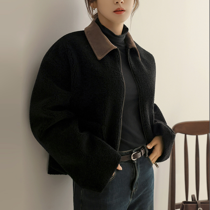 韩国代购大码女装2025靓丽冬装新款翻领配色拉链羊羔绒短款外套特