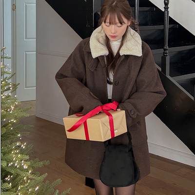 韩国代购大码女装2025靓丽冬装新款毛毛翻领系扣毛呢加棉外套特9