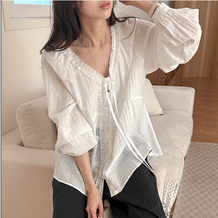 2026靓丽春装 女装 大码 特 V领木耳边系带时尚 淑女衬衫 新款 韩国代购