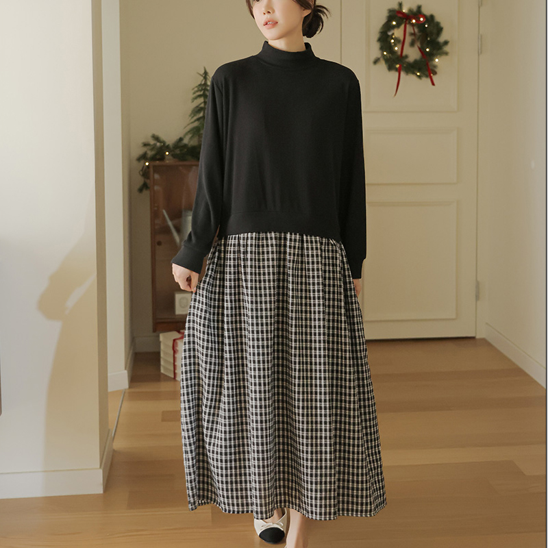 韩国代购大码女装2025靓丽冬装新款半高领宽松配色格子加绒连衣裙