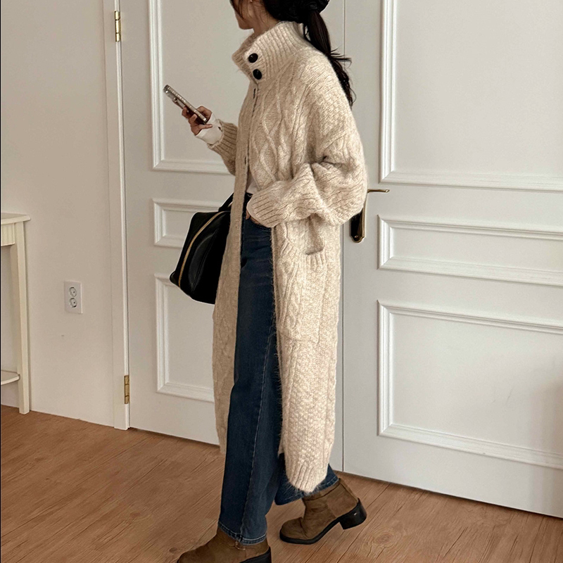 韩国代购大码女装2025靓丽冬装新款立领拉链系扣菱形格子针织外套