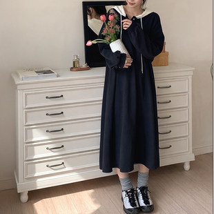 新款 韩国代购 2026靓丽早春装 女装 配色连帽宽松休闲卫衣连衣裙 大码