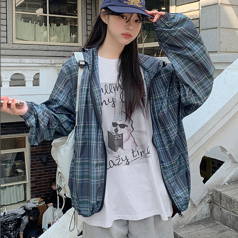 韩国代购大码女装2026靓丽春装新款连帽拉链宽松格子短款外套特