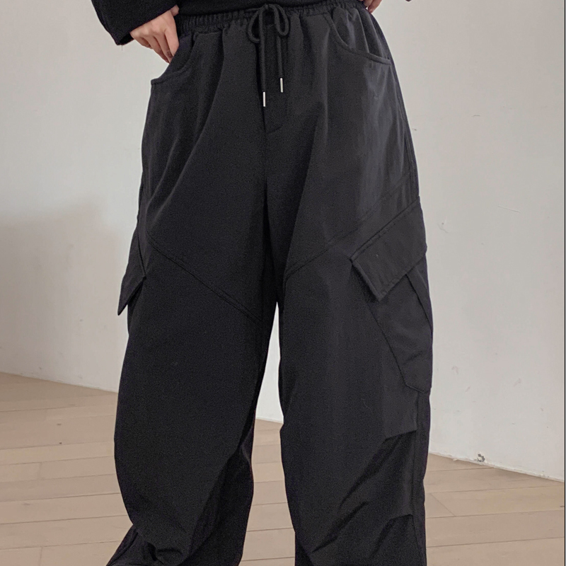 韩国代购大码女装2025靓丽冬装新款松紧腰系带显瘦宽腿加绒长裤