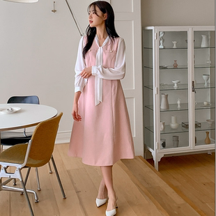 新款 韩国代购 2026靓丽早春装 女装 领结配色淑女假两件连衣裙特 大码