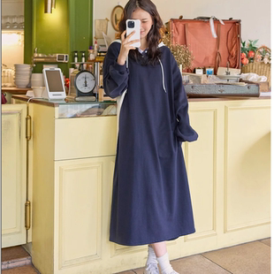 新款 韩国代购 2026靓丽早春装 女装 连帽配色半开襟宽松连衣裙特 大码